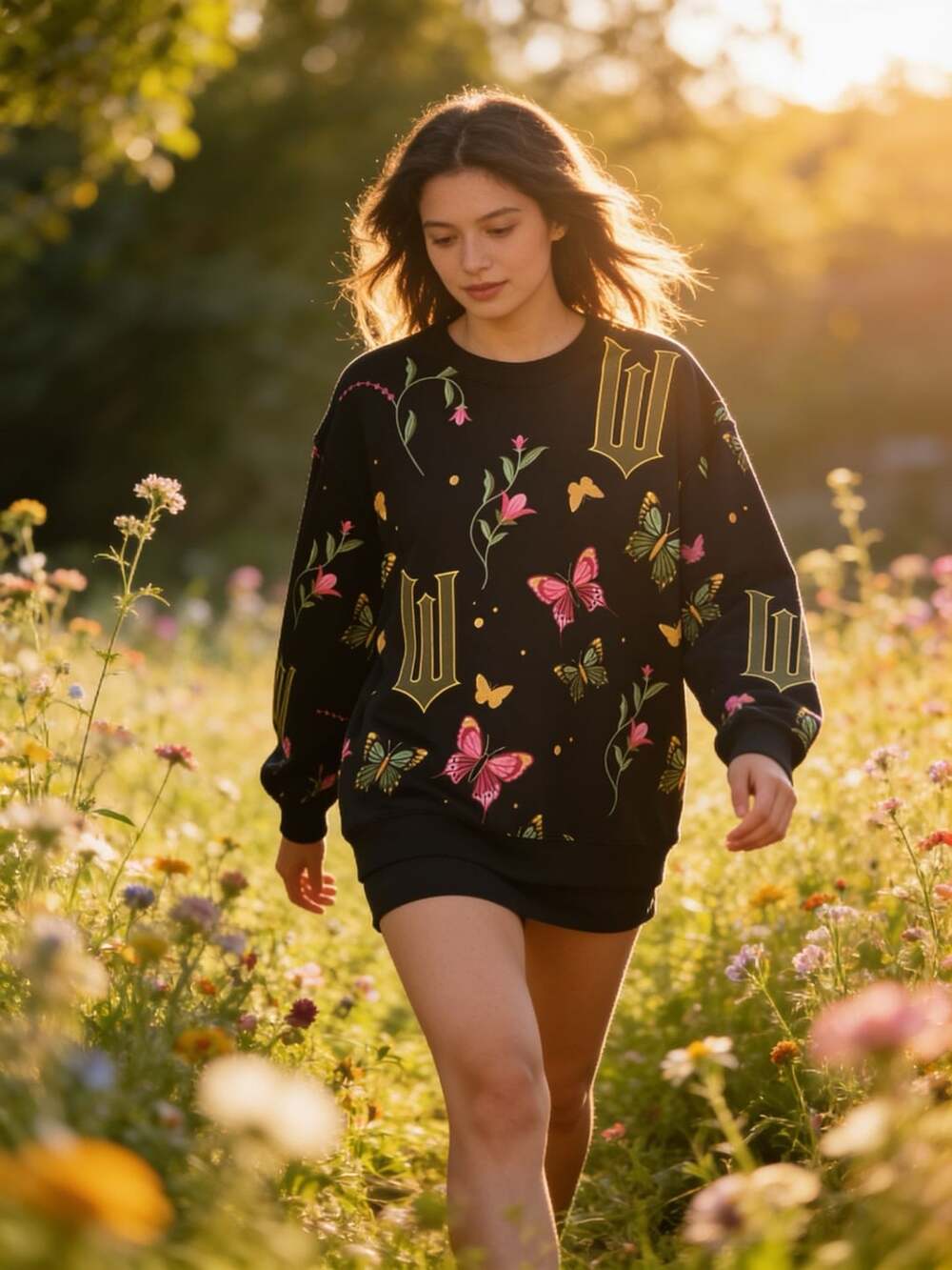 Wicked Women's Graphic Print Fleece Sweatshirt Butterfly Floral Print Size L